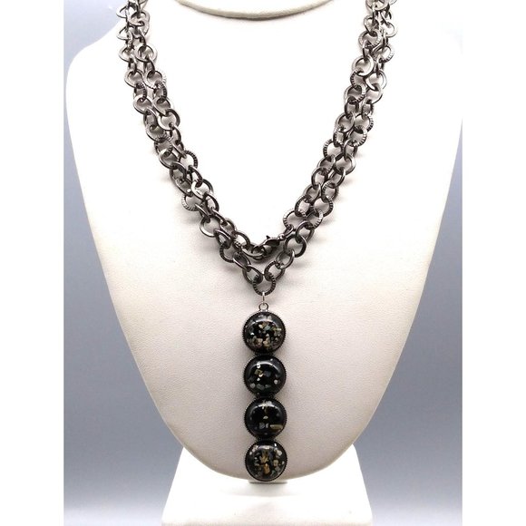 Vintage Black Confetti Lucite Pendant Necklace, Gunmetal Circle Links Chain - Picture 1 of 5